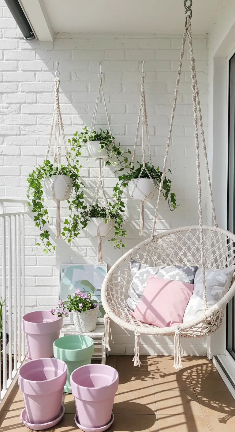 A bright balcony with a macrame swing chair and hanging planters against a white brick wall.