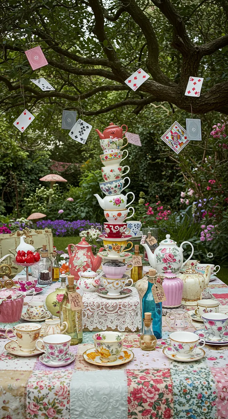 A whimsical Mad Hatter's tea party in a garden with stacked teapots and hanging playing cards.