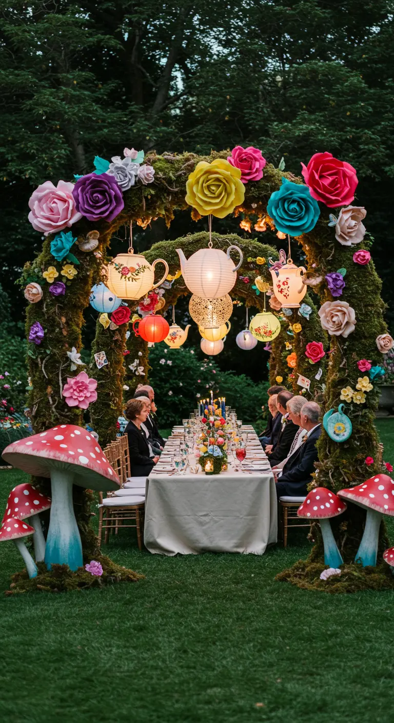 A whimsical mossy wedding arch decorated with large paper flowers and hanging teapot lanterns.