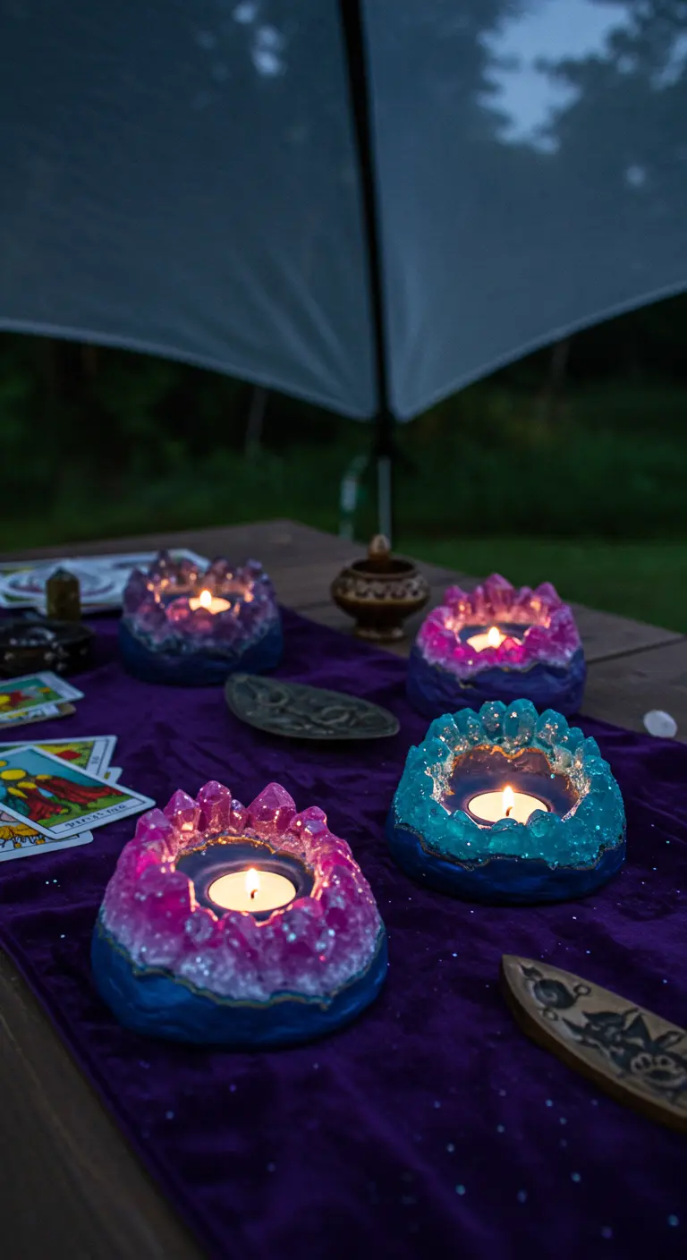 DIY candle holders ringed with pink and blue crystals on a purple velvet cloth with tarot cards.
