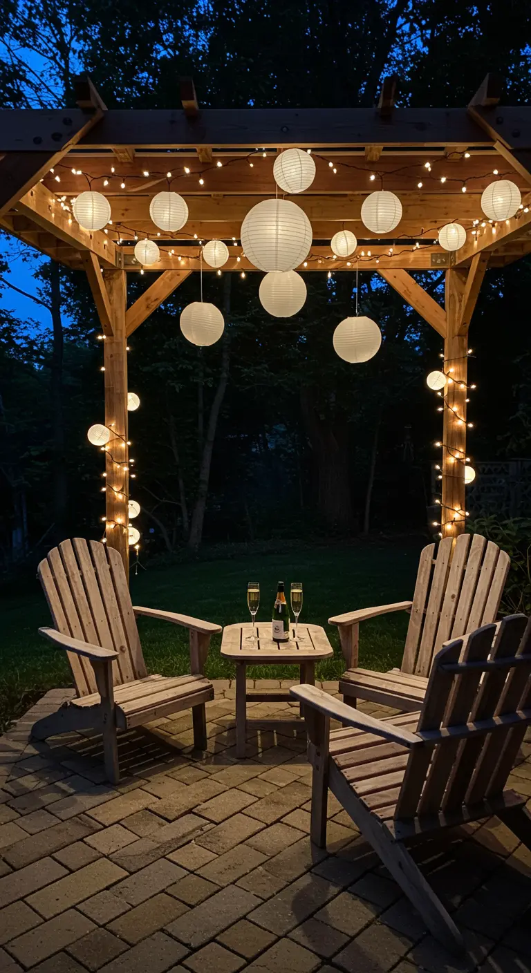 A pergola at night lit by a combination of fairy lights and glowing white paper lanterns.