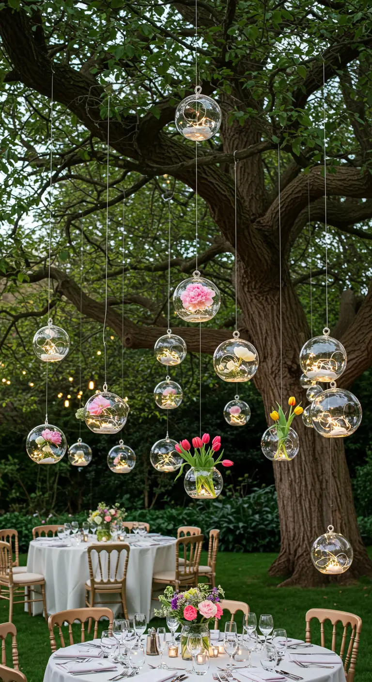Glass orbs with flowers and lights hanging from a tree over garden wedding tables.