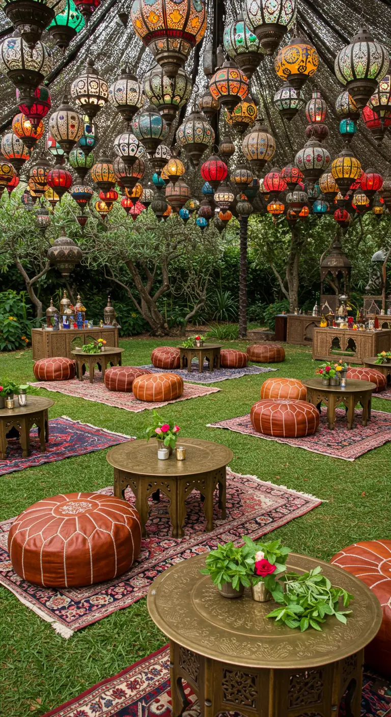 Moroccan-themed garden party with layered rugs, leather poufs, and a canopy of lanterns.