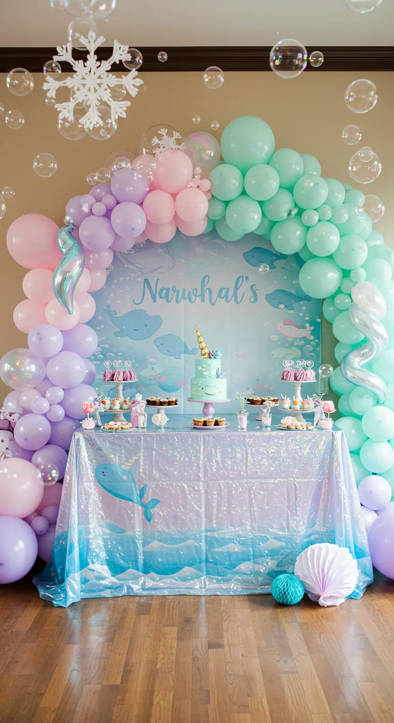 Pastel narwhal-themed dessert table with a balloon arch and floating bubbles.