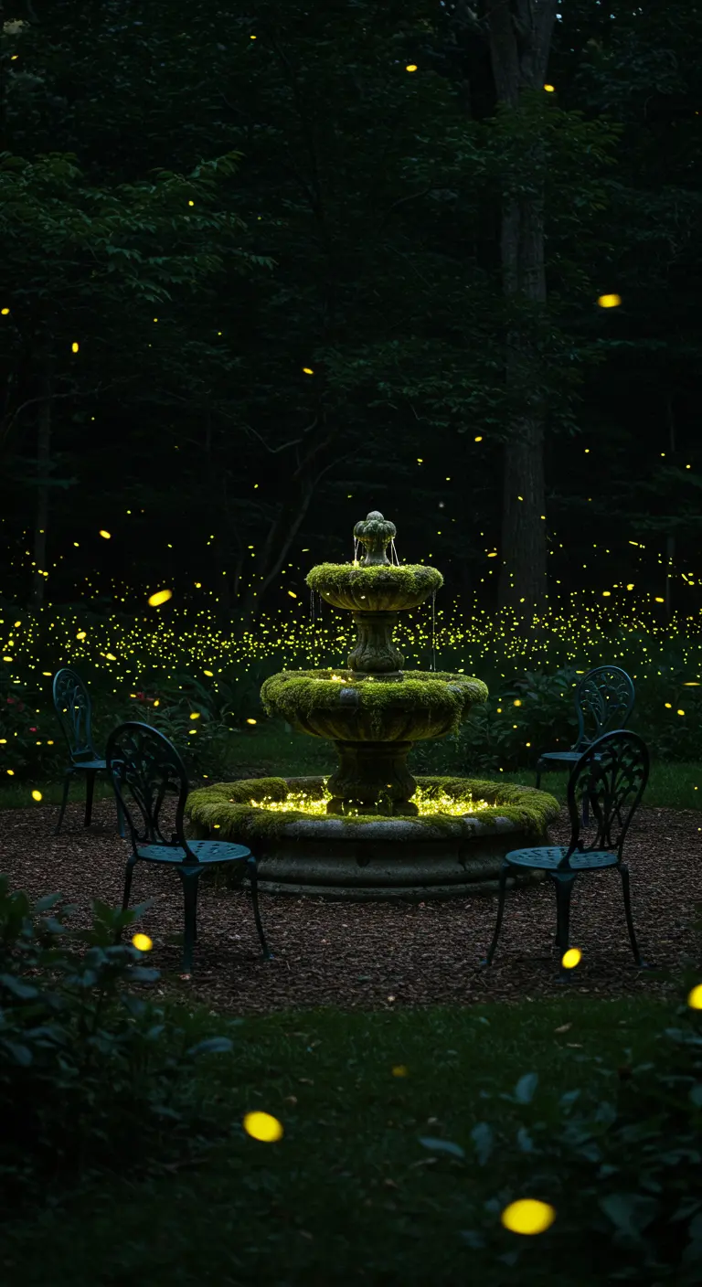 Mossy fountain at night, surrounded by the glowing lights of fireflies.