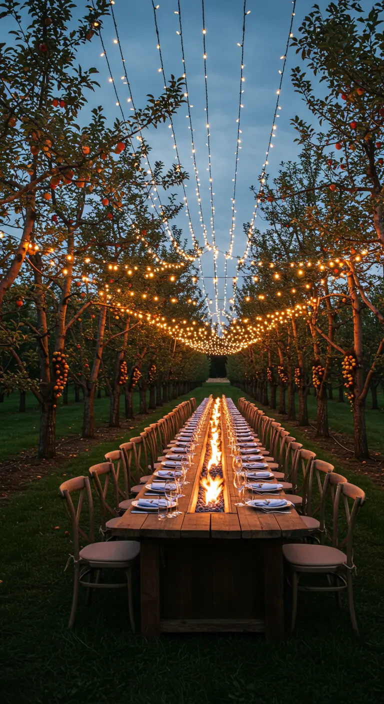 Long dining table with a central fire feature set in an apple orchard under a canopy of lights.