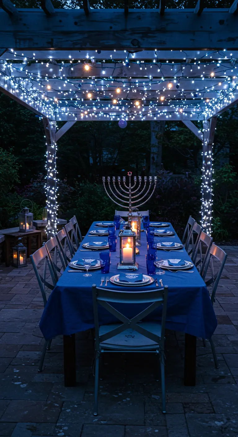 An outdoor Hanukkah dinner table set under a pergola covered in blue and white string lights.