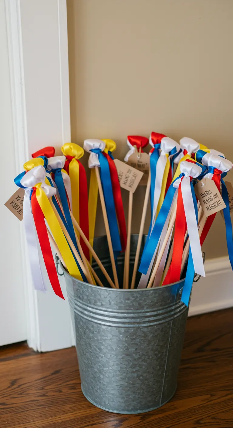A metal bucket filled with DIY ribbon wands in red, yellow, blue, and white.
