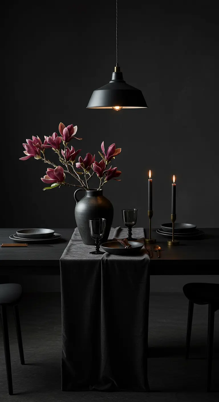 Minimalist black table setting with a branch of magnolia flowers in a black vase.