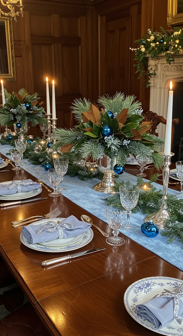 A classic wood dining table with magnolia leaf centerpieces, blue ornaments, and silver candlesticks.