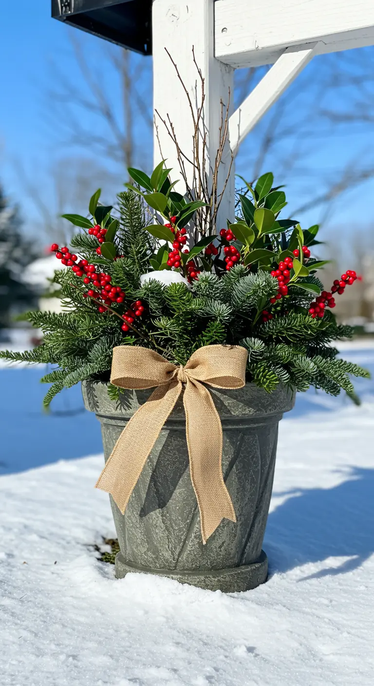 A gray planter by a mailbox filled with evergreens, holly, and a large burlap bow.