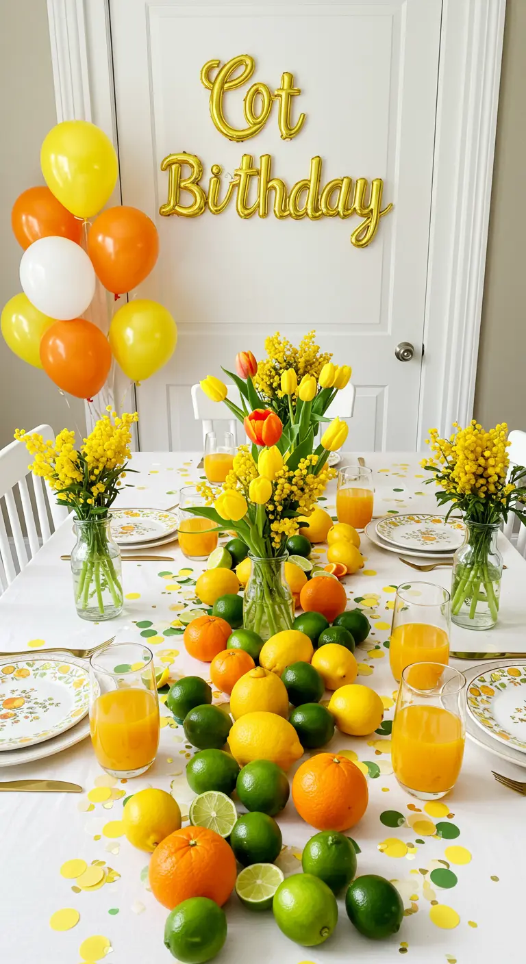 Bright tablescape with a centerpiece made of fresh citrus fruits.