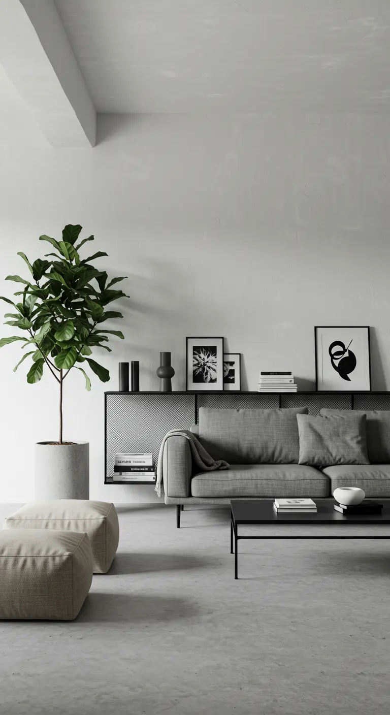 Minimalist gray living room with a low black mesh console and light gray fabric poufs.