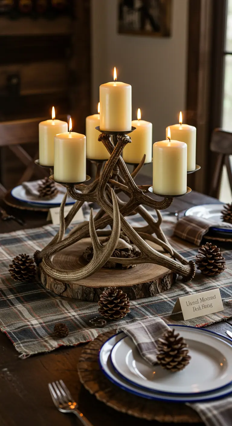 A large candelabra made of intertwined antlers holding seven pillar candles on a wood slice.