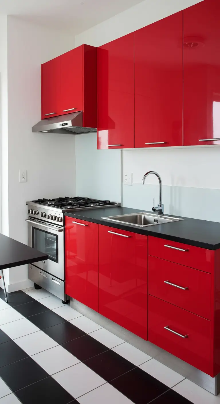 Modern kitchen with high-gloss red cabinets and a black and white checkerboard floor.