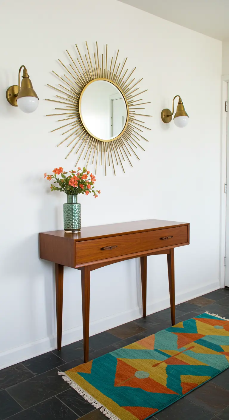 Entryway with a slim walnut console table, a gold sunburst mirror, and a colorful rug.