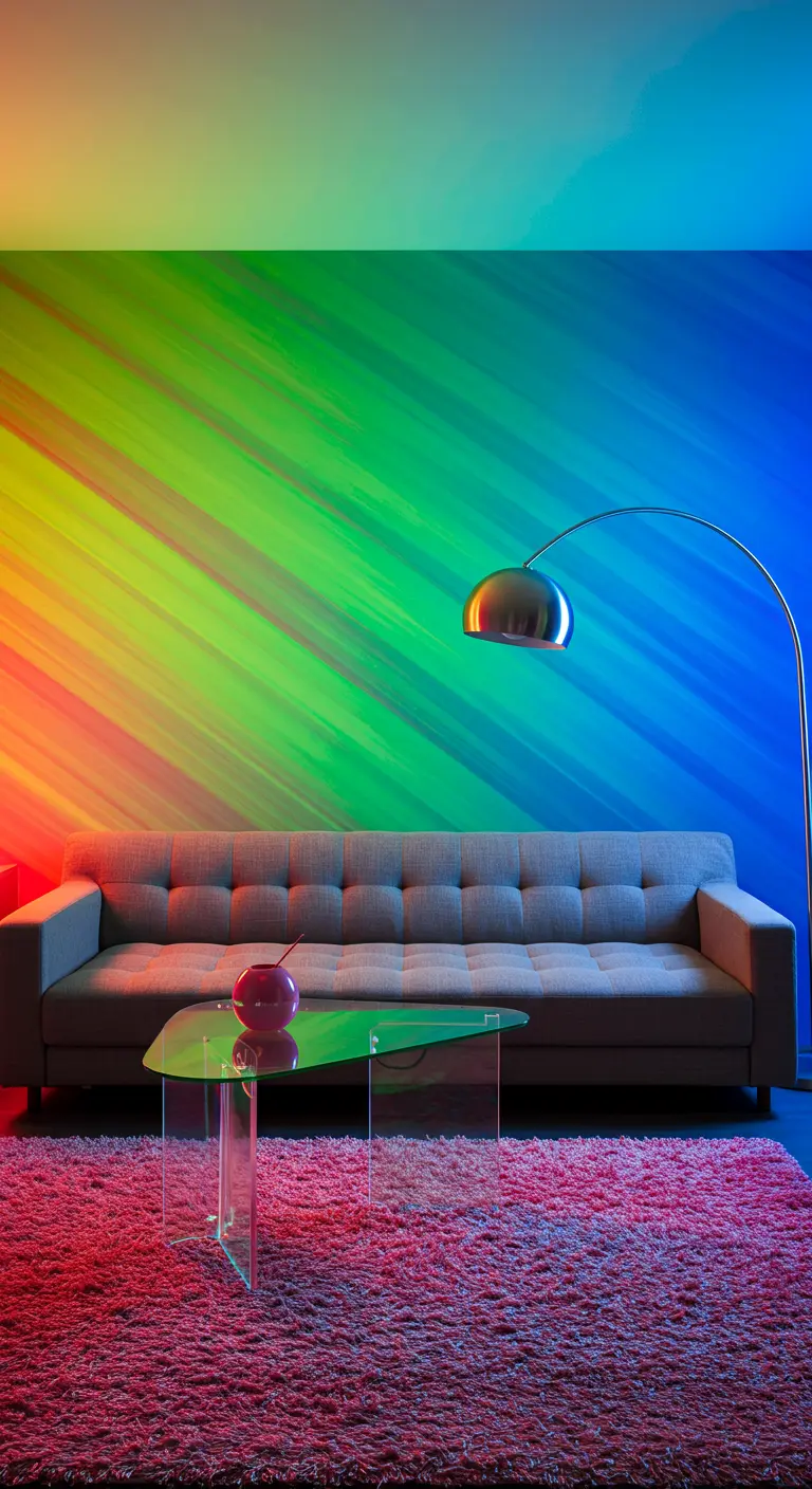 A gray sofa against a diagonal rainbow ombre wall with an acrylic coffee table.