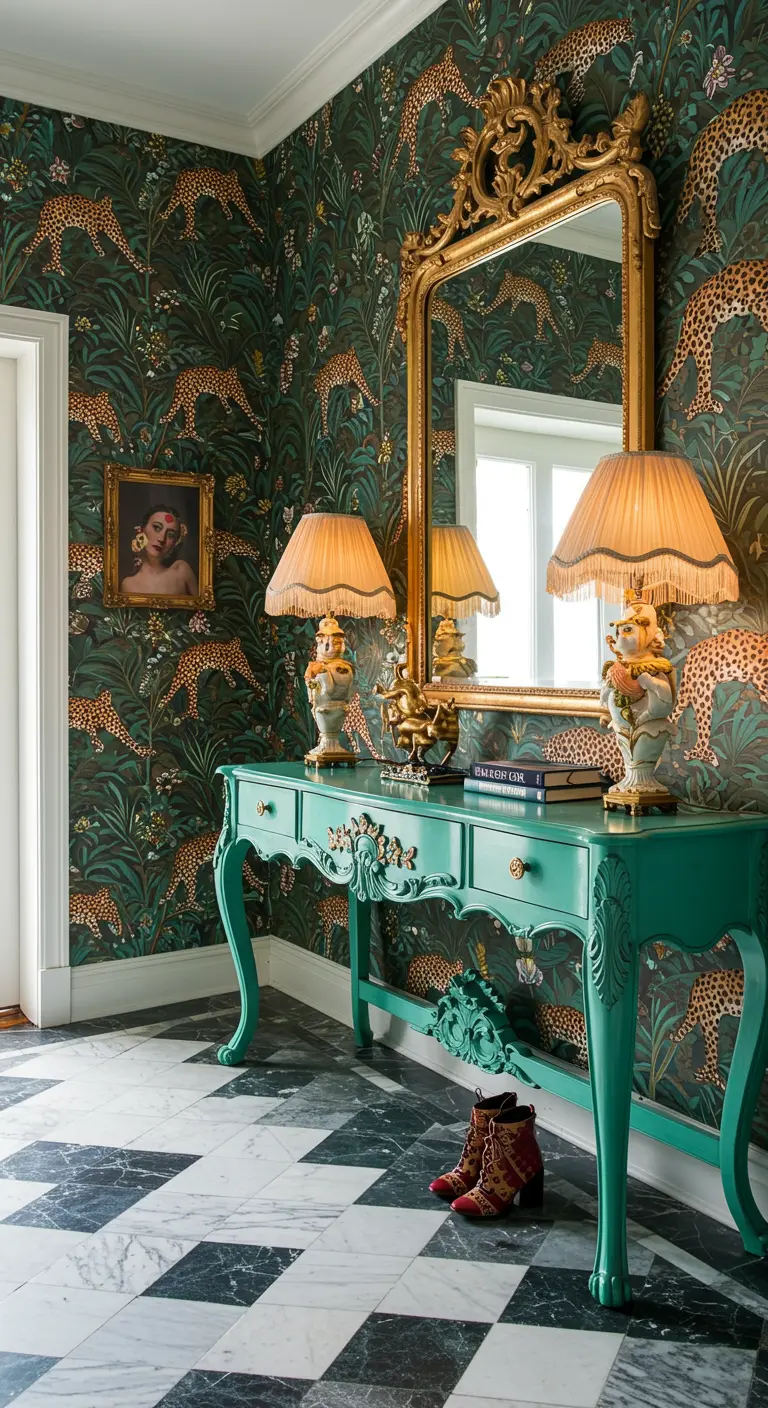 Entryway with green leopard wallpaper, a teal console table, and an ornate gold mirror.