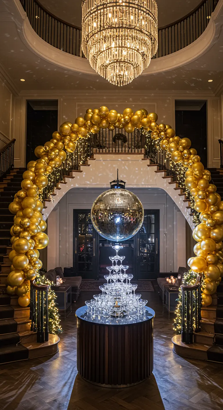 A grand staircase framed by a massive gold balloon arch, with a disco ball and champagne tower at the bottom.