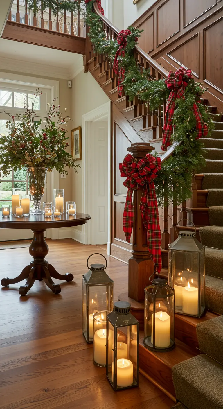 A grand wooden staircase decorated with pine garland, plaid bows, and glowing lanterns.