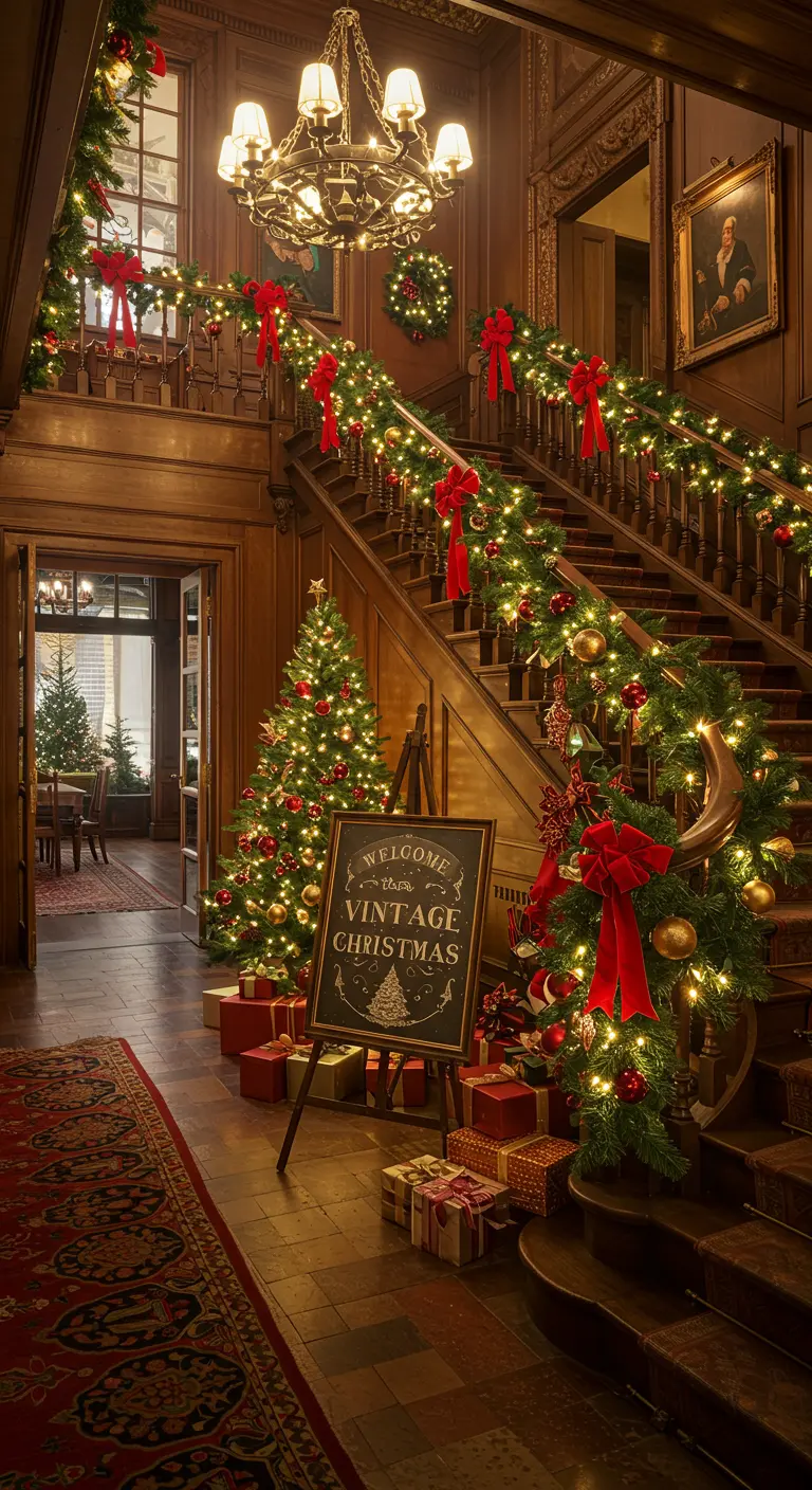 A grand wooden staircase lavishly decorated with garlands, lights, and red velvet bows.