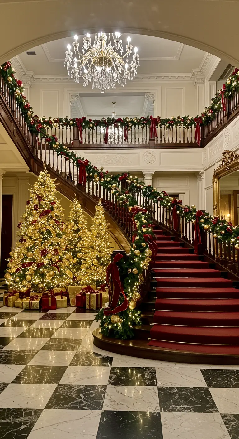 A grand foyer with a curved staircase decorated with red and gold Christmas garlands.