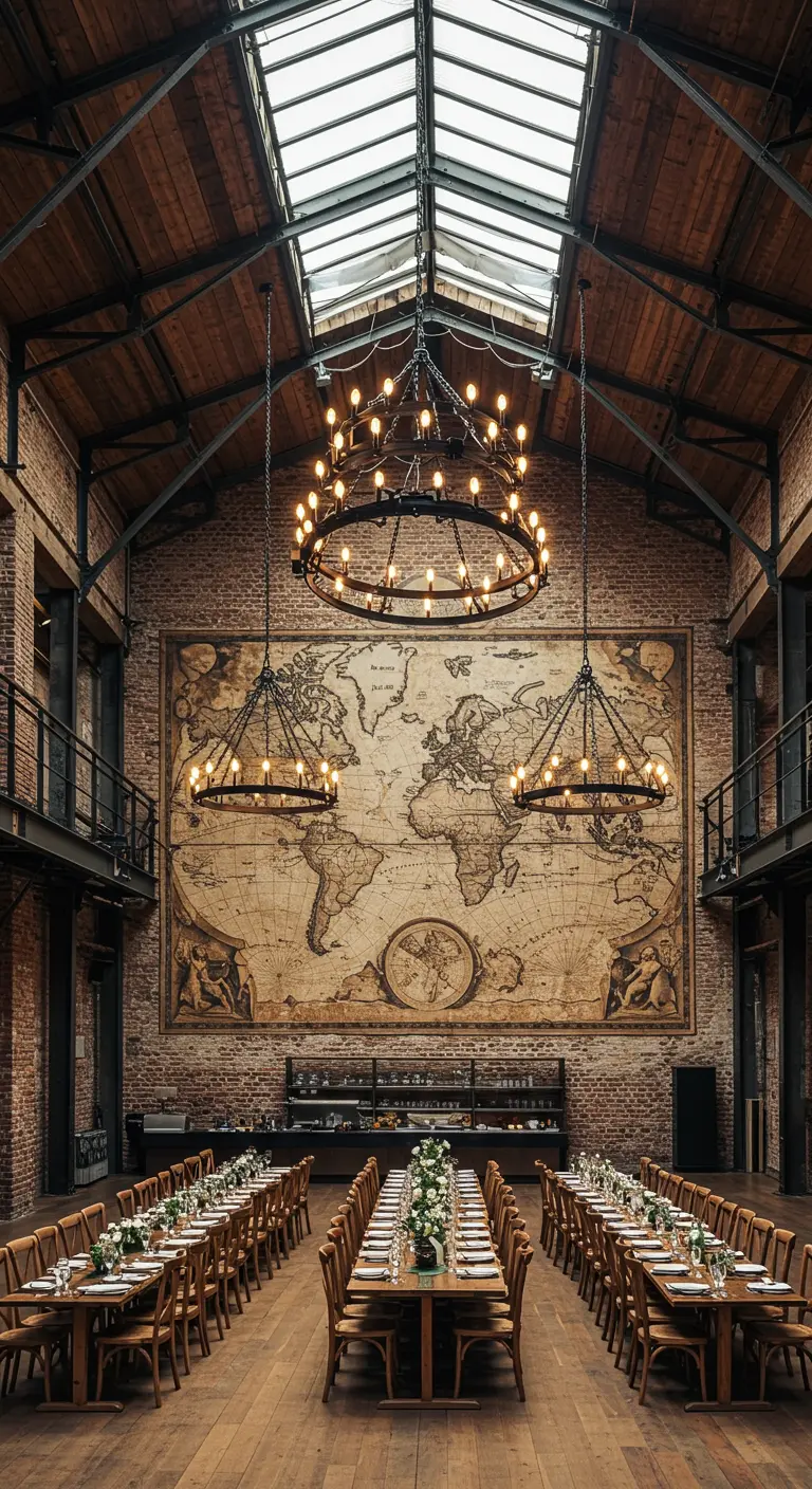 Vast hall with a giant world map on a brick wall and multiple large chandeliers.