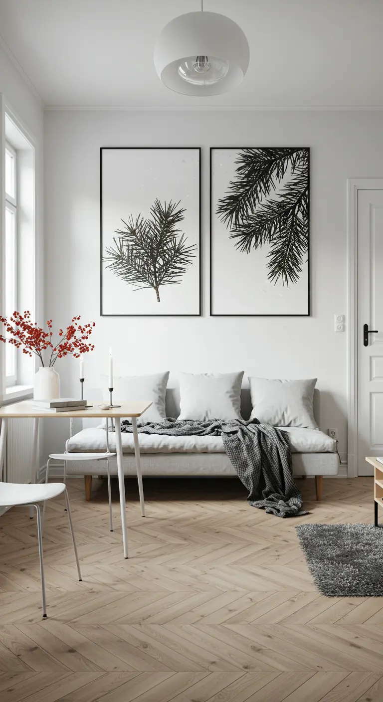A large diptych of pine branch prints hangs above a gray sofa in a minimalist white room.