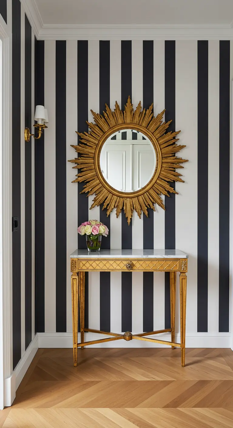 Entryway with black and white striped walls, a gold sunburst mirror, and a console table.
