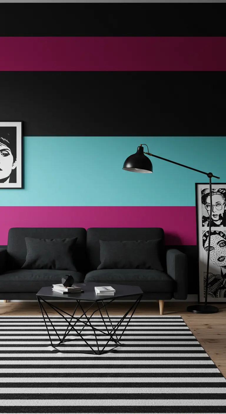 Black sofa against a color-blocked wall of magenta, black, and teal.