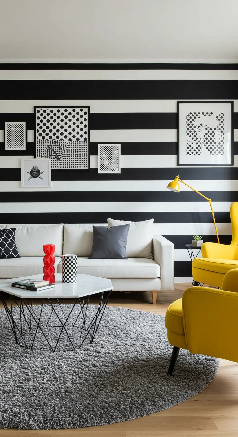 Living room with a black-and-white striped wall, yellow chairs, and a wireframe coffee table.