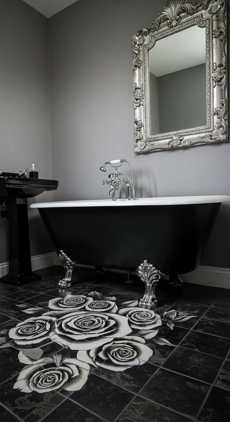 Bathroom with a dramatic black-and-white rose pattern on the floor.