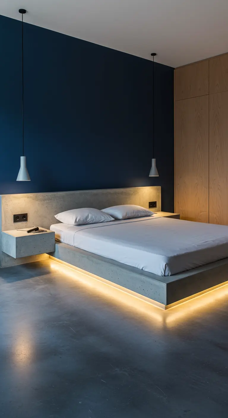 A minimalist bedroom with a concrete bed frame illuminated by warm LED lights from underneath.