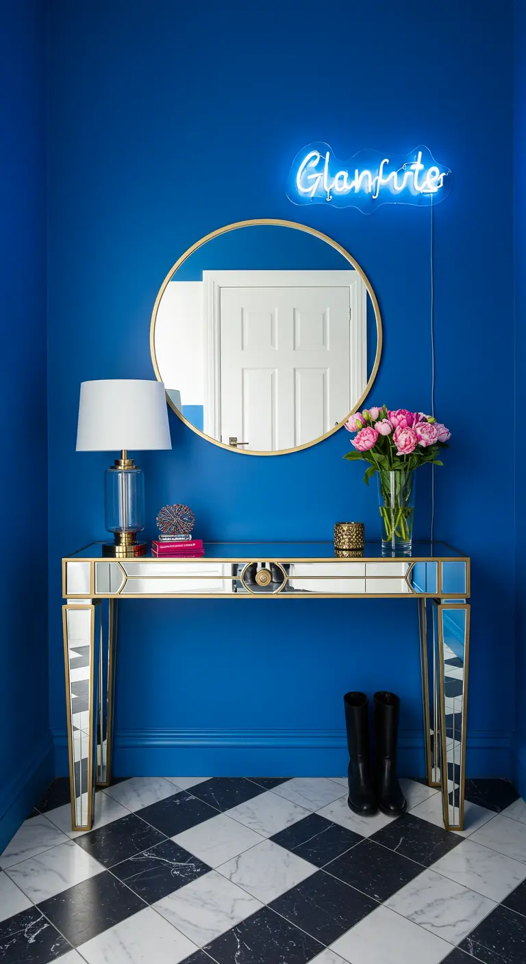 Bright blue entryway with a mirrored console table, a round mirror, and a neon sign.