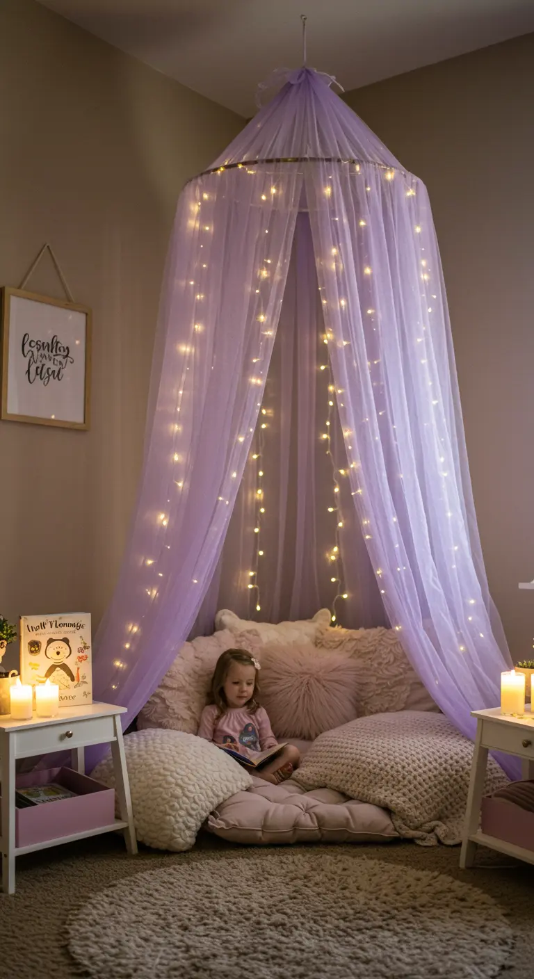 A child in a reading nook under a purple tulle canopy with fairy lights.