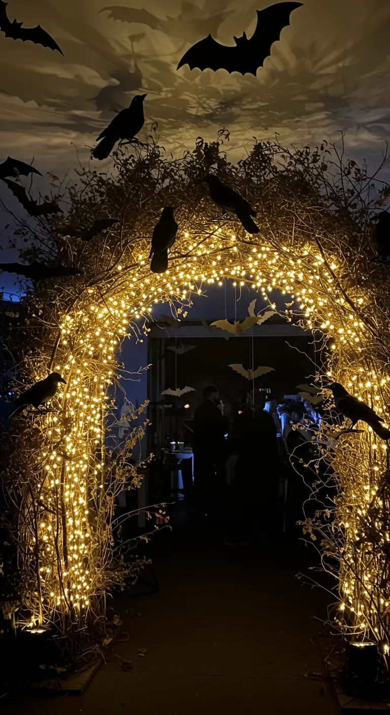 An archway of branches and fairy lights decorated with crows and bats for a party entrance.