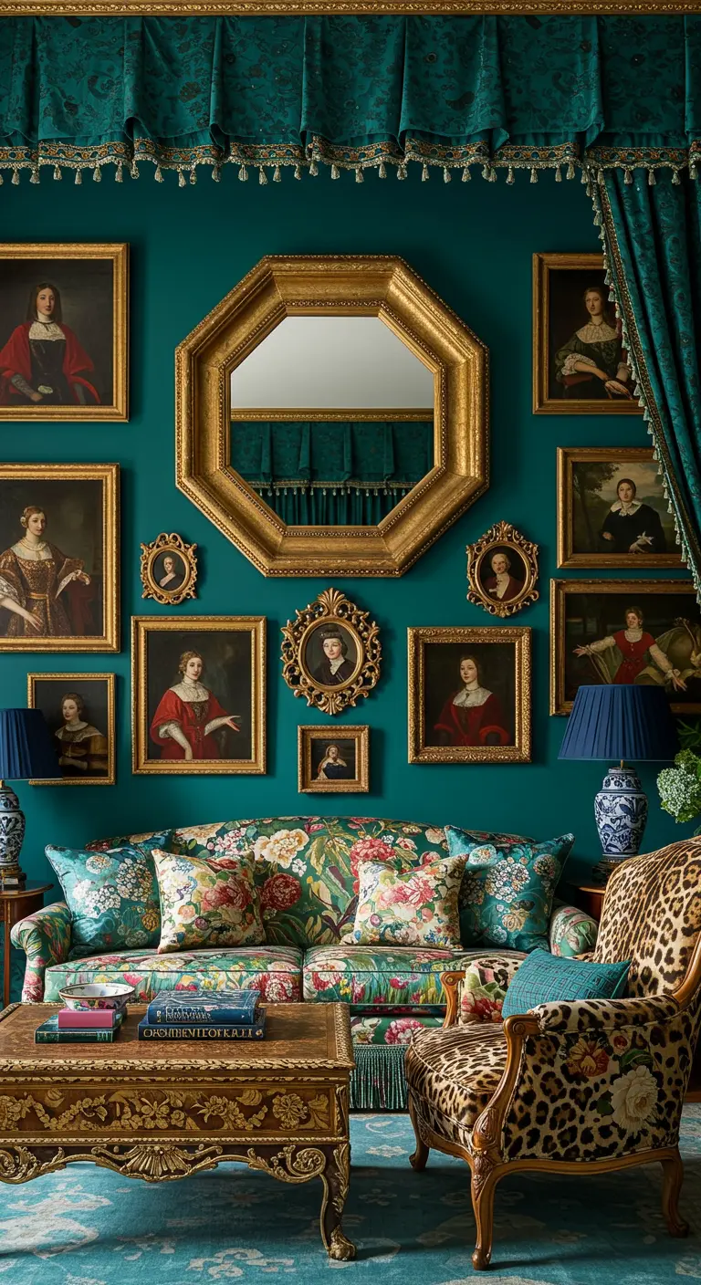 A gold octagonal mirror is the centerpiece of a gallery wall on a teal background.