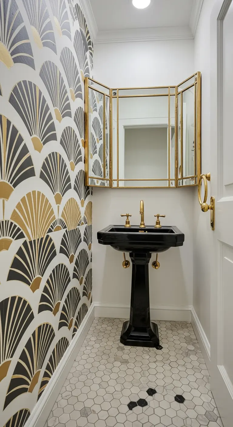 Powder room with black, white, and gold Art Deco wallpaper and a black pedestal sink.