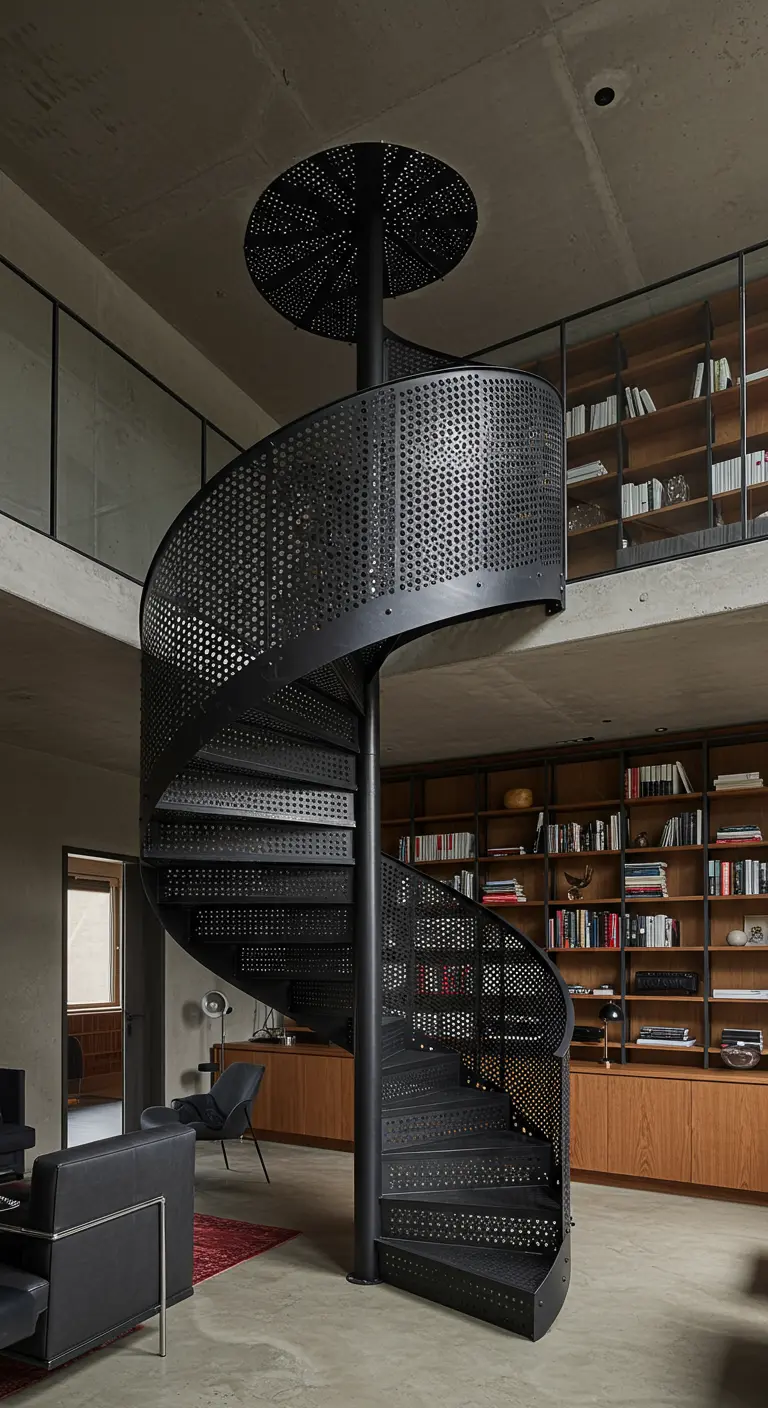 A black perforated-metal spiral staircase in a modern loft with a large bookcase.