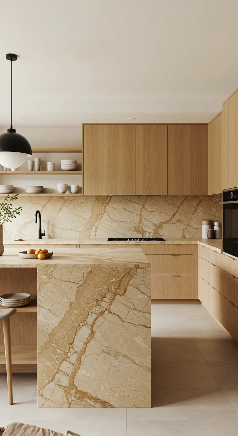 Kitchen with wood cabinets and a dramatic waterfall island in veined marble.