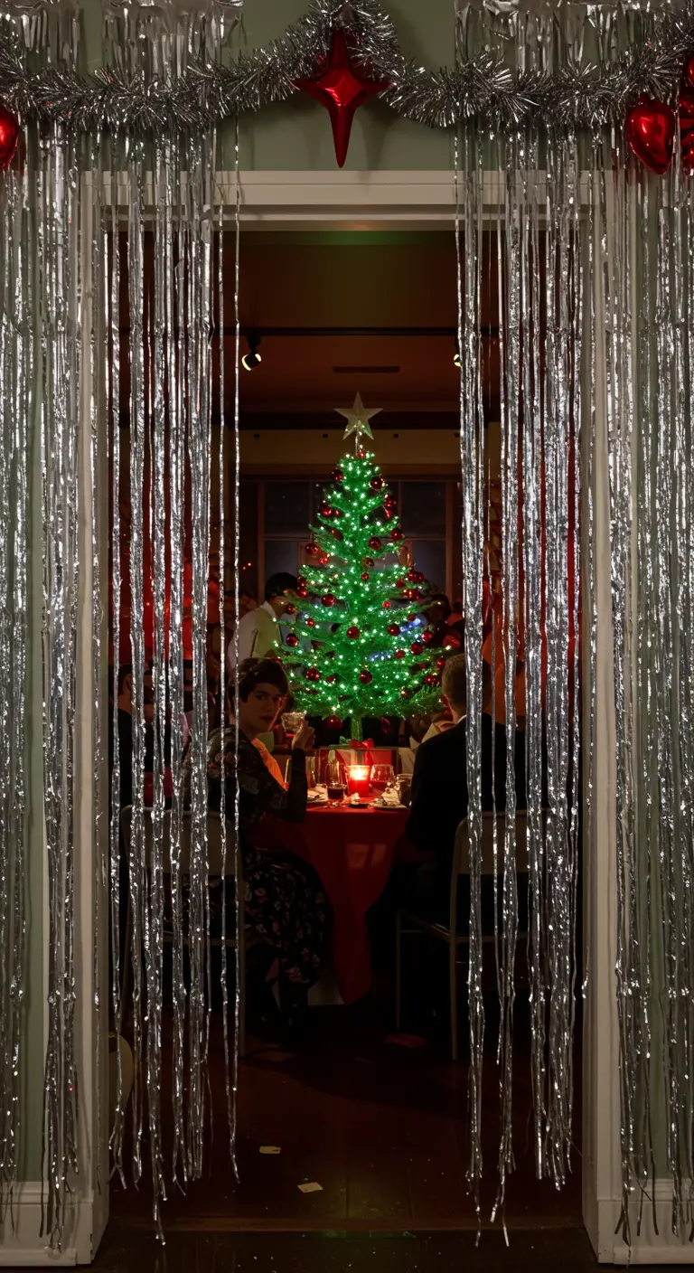 A party view seen through a shimmering silver tinsel curtain hanging in a doorway.