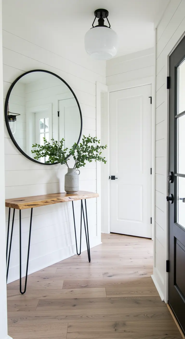 Entryway with a live-edge console table, a large round mirror, and a vase of greenery.