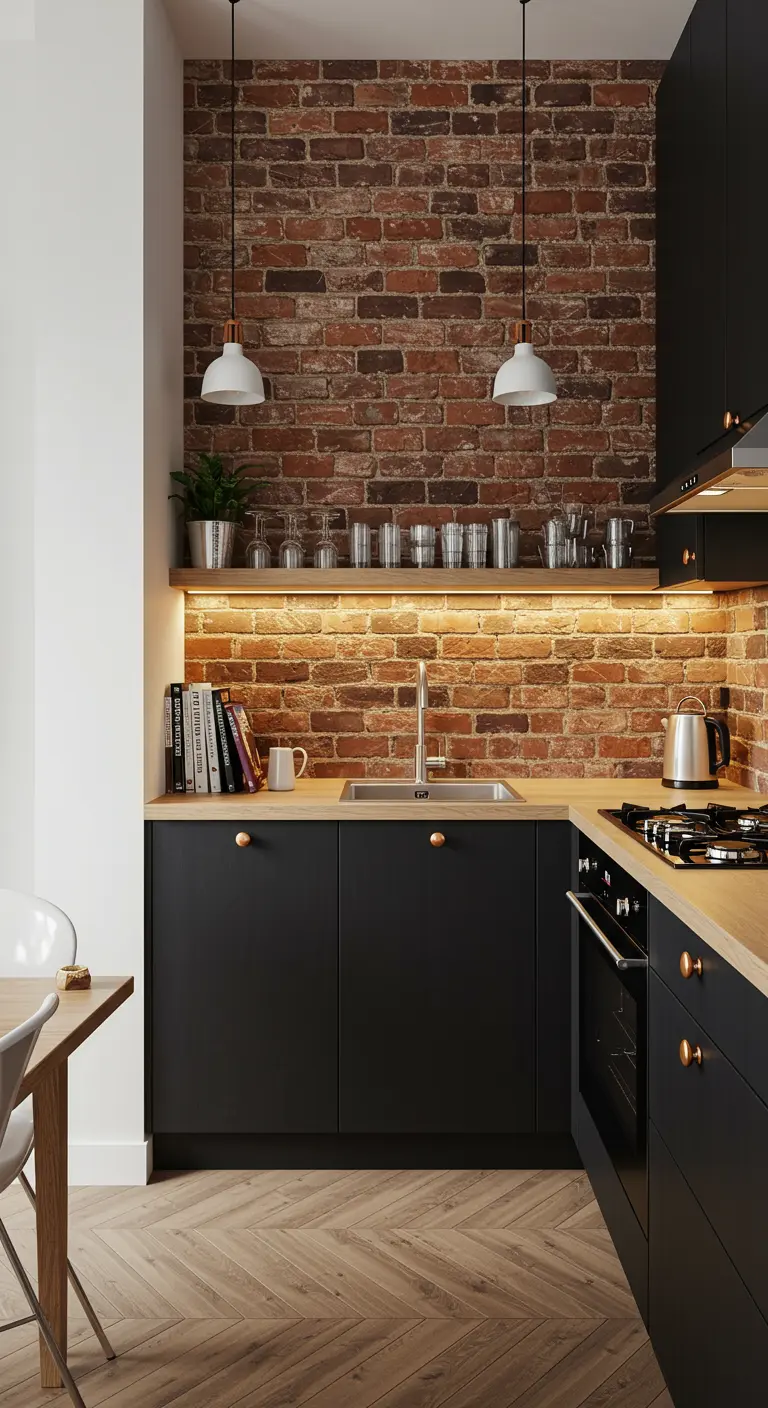Compact kitchen with a red brick accent wall, black cabinets, and warm under-shelf lighting.