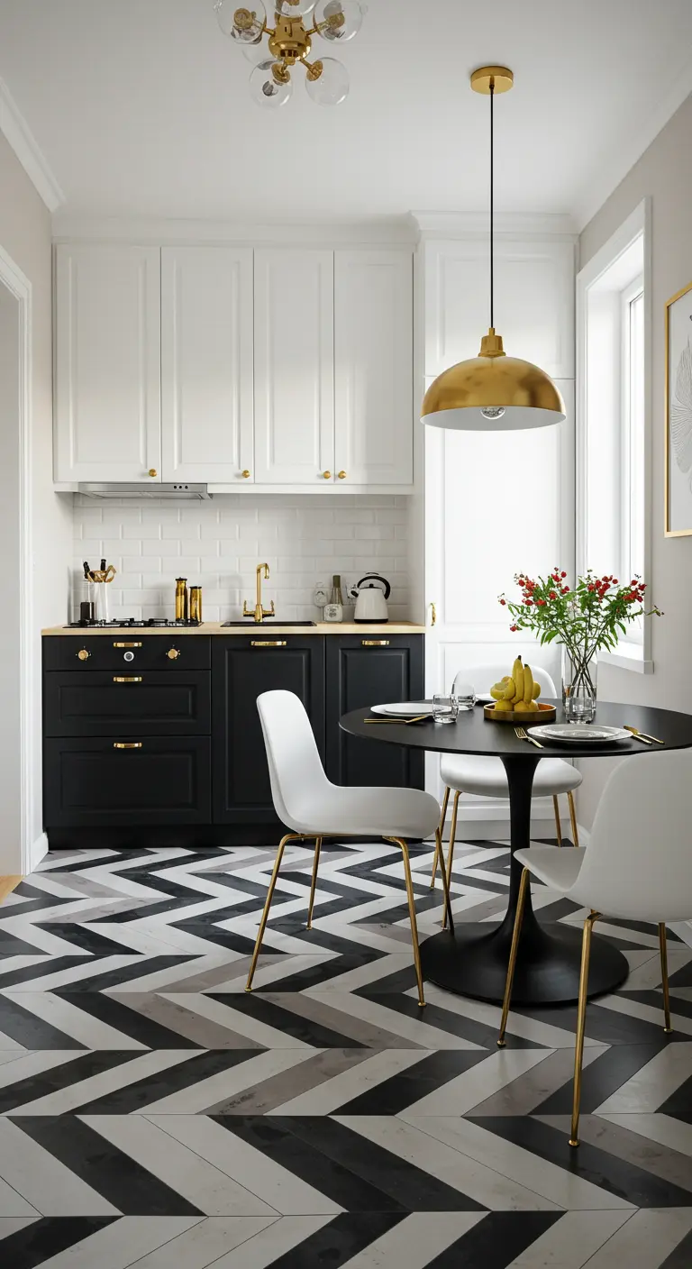 Small kitchen dining area with a bold black-and-white chevron floor.