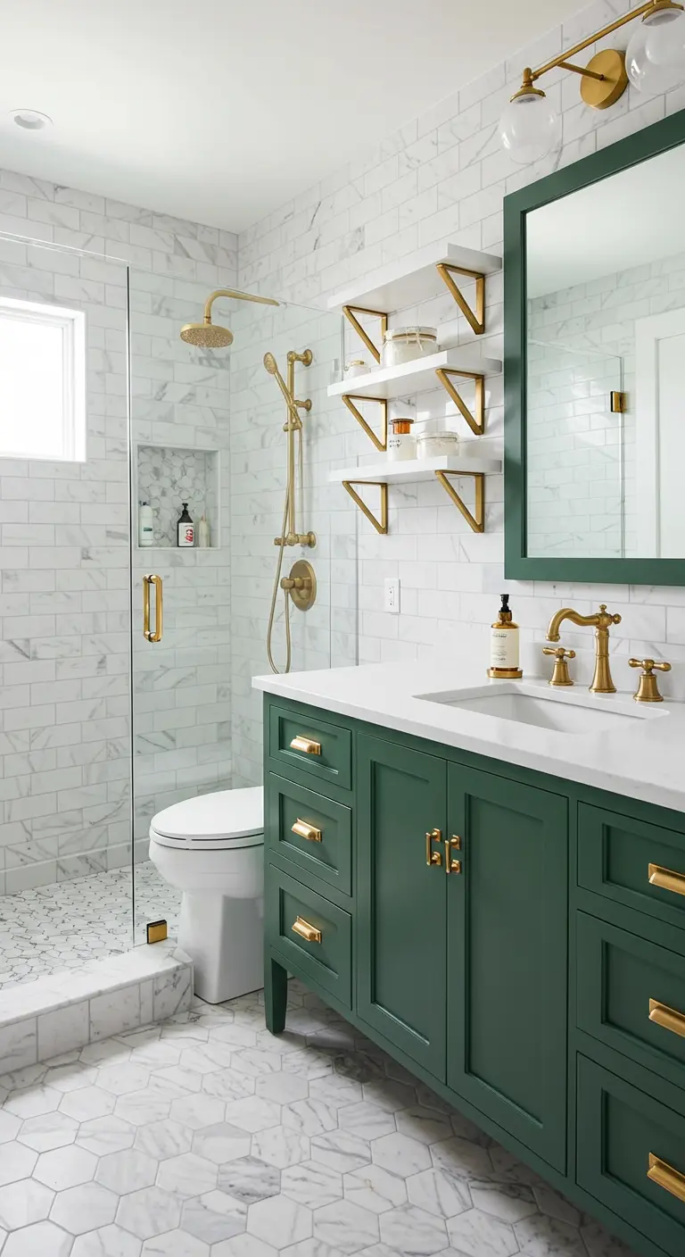 A bathroom with a forest green vanity, brass hardware, and white tile.