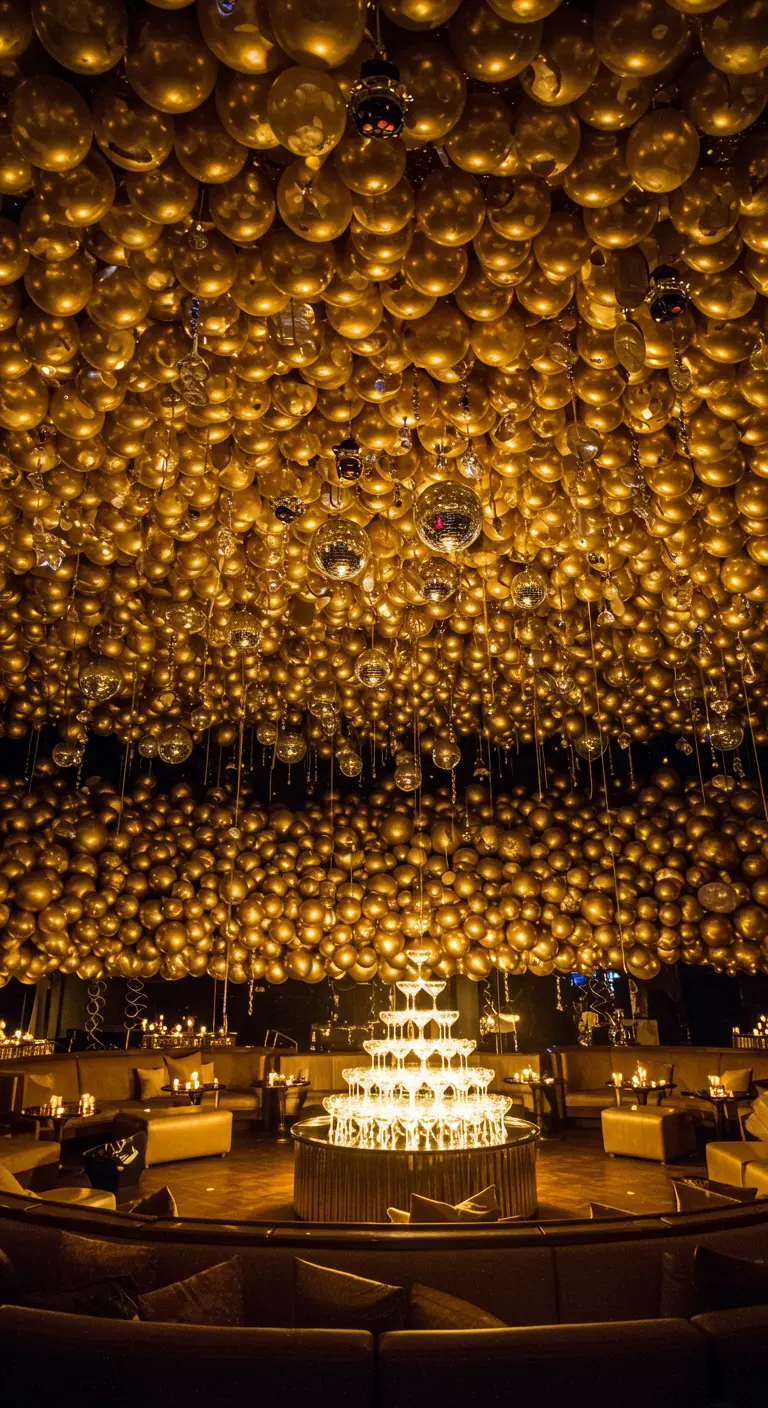 A ceiling completely covered in hundreds of gold balloons and mini disco balls.
