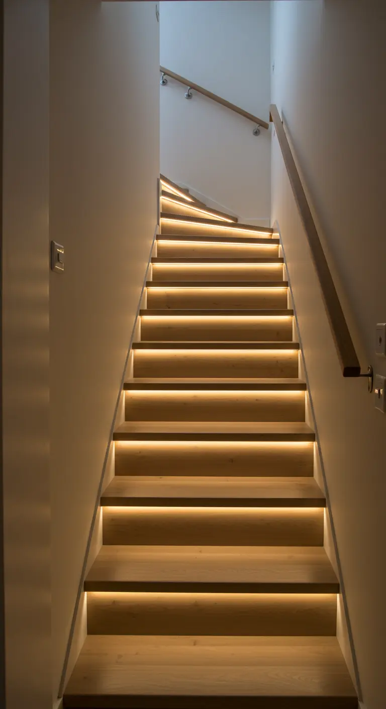 A wooden staircase with each step illuminated from beneath by a warm, glowing LED strip.