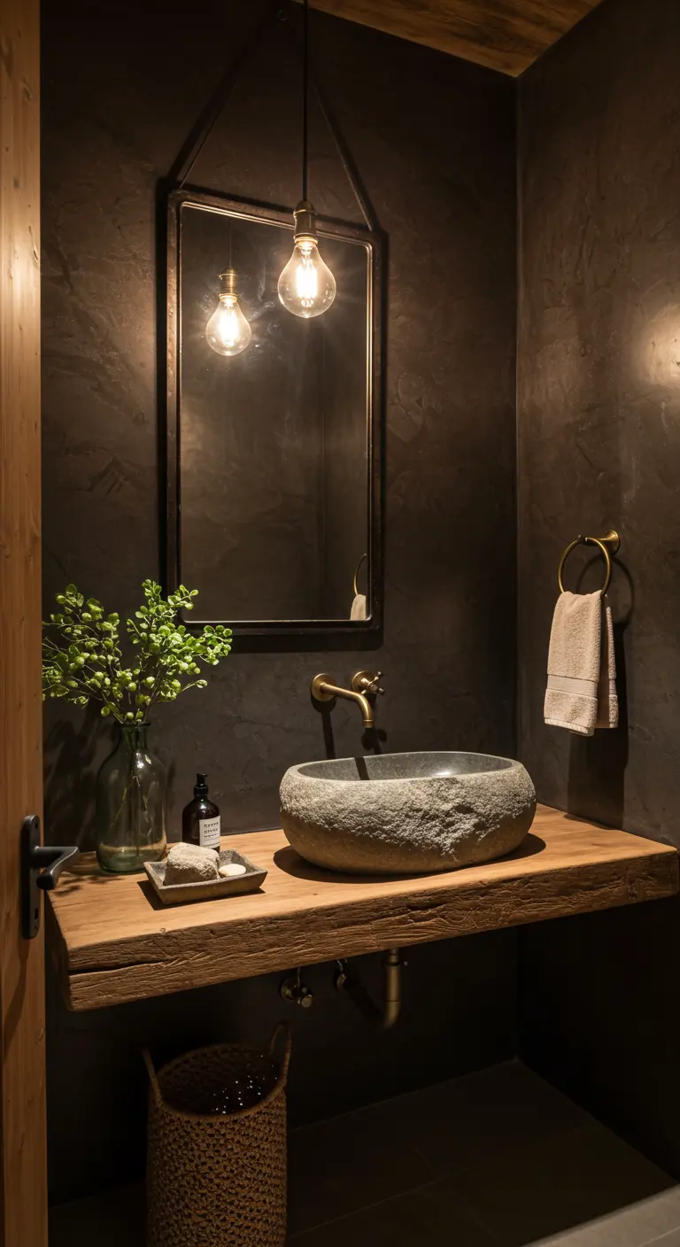Dark powder room featuring a chiseled stone vessel sink on a floating wood counter.