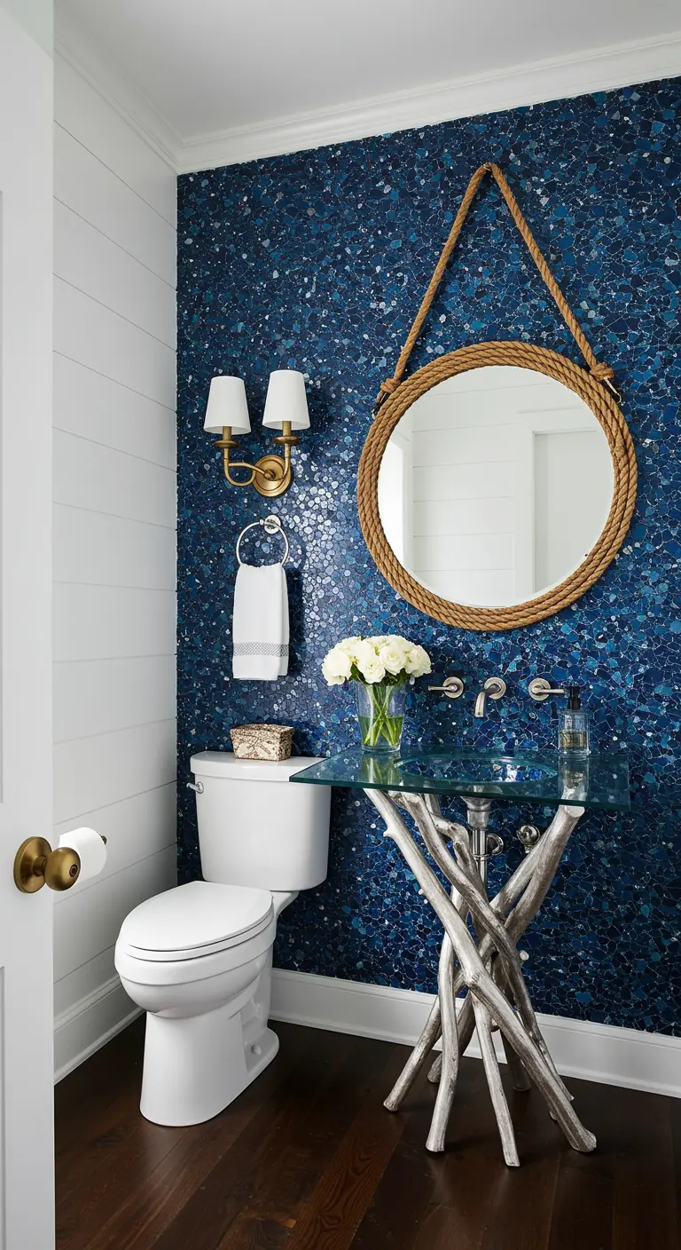 Powder room with a bold blue mosaic tile wall and a rope-hung mirror.
