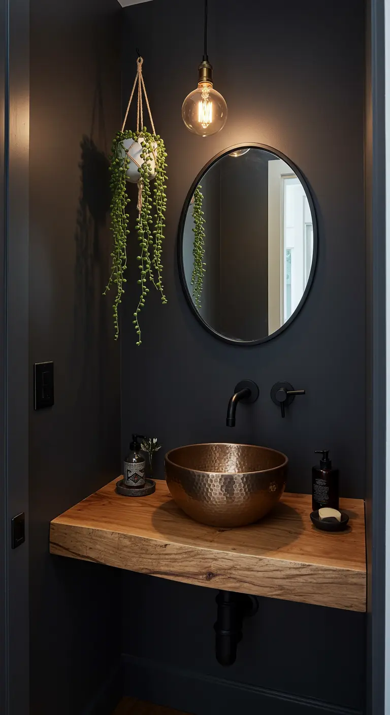 Dark powder room with a live-edge wood shelf, hammered copper sink, and a pendant light.